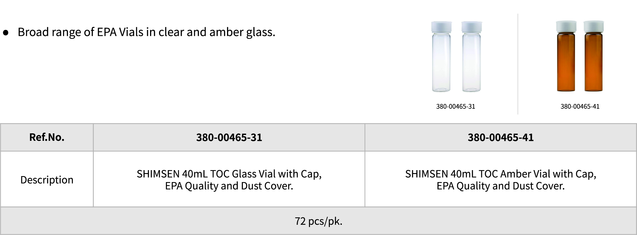 Broad range of EPA Vials in clear and amber glass.